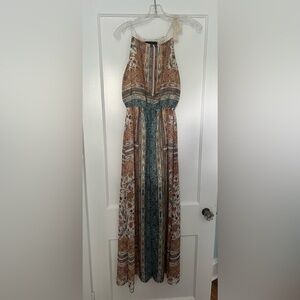Zara Brown, Teal & Cream Printed Maxi Dress